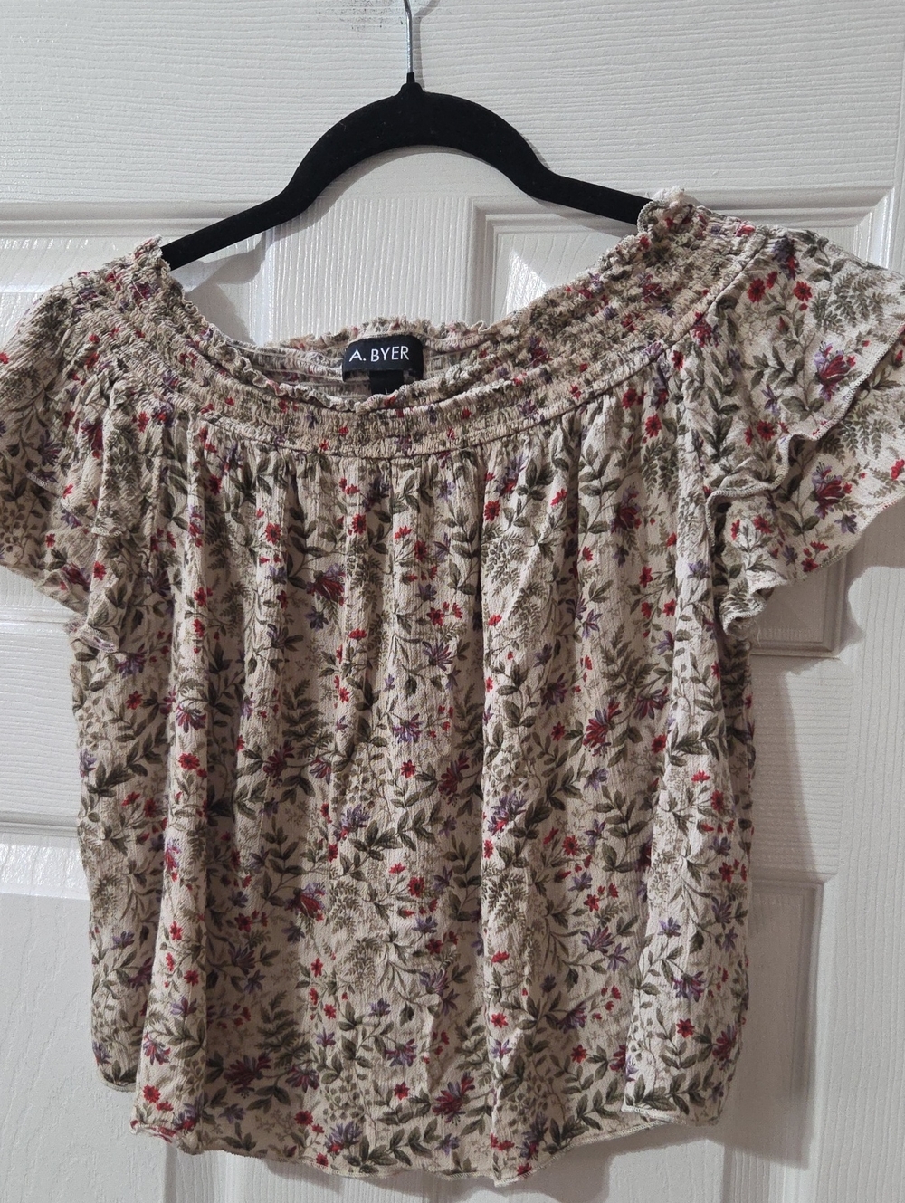 A. Byer Cream Floral Smocked Off-Shoulder Crop Top